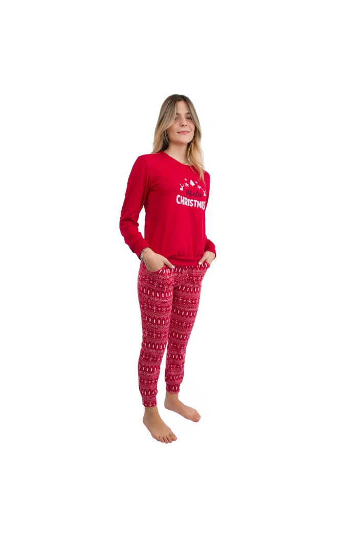 Pijamangel γυναικεία πυτζάμα thermal χριστουγεννίατικη σε κόκκινο χρώμα ,κανονική γραμμή,  2090