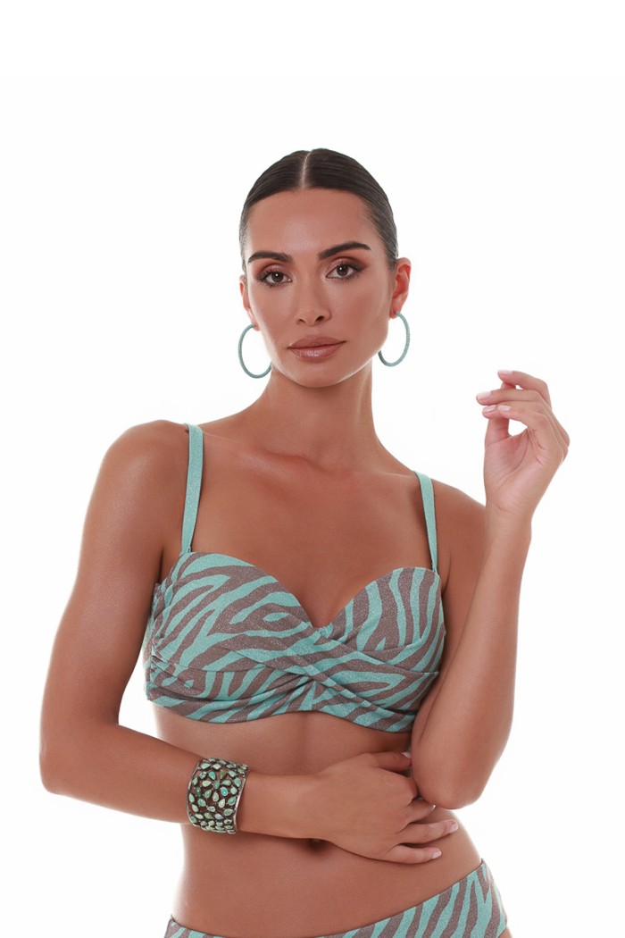 Bluepoint γυναικείο μαγιό (επάνω μέρος) strapless D cup. Lurex ύφασμα σε τυρκουάζ χρώμα με animal σχέδιο, μπανέλα και αποσπώμενη τιράντα 25066004D-09