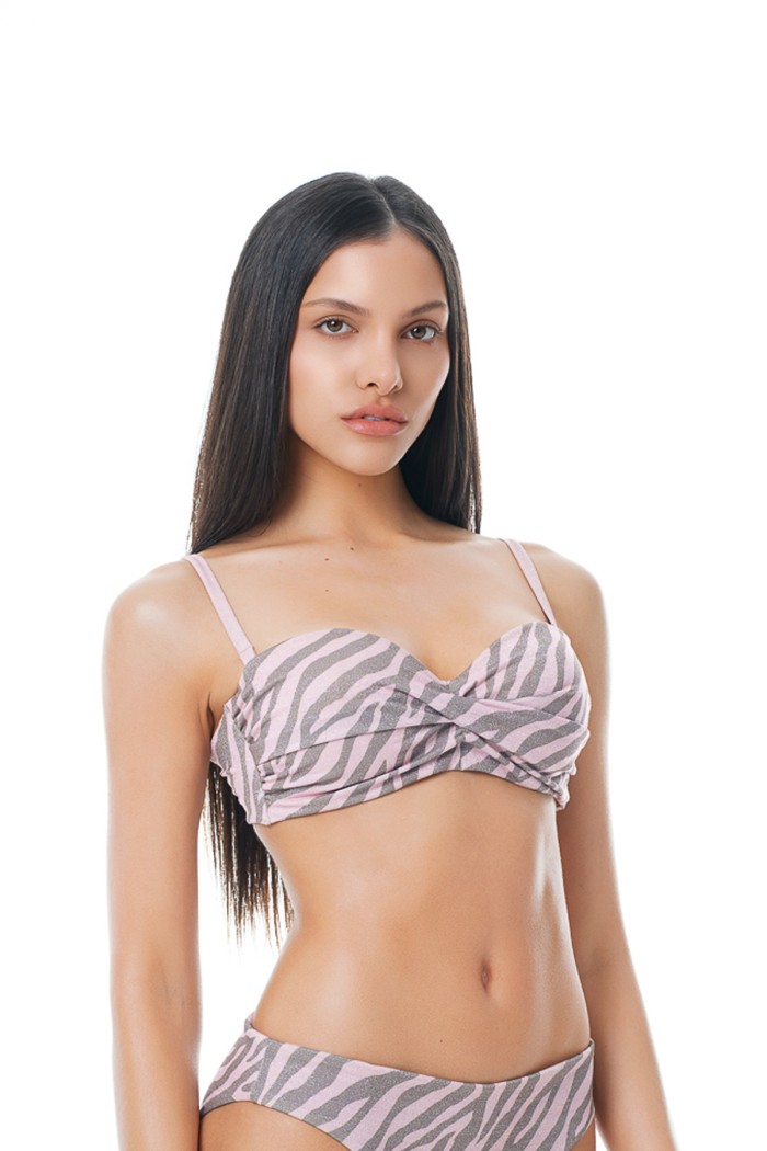Bluepoint γυναικείο μαγιό (επάνω μέρος) strapless D cup. Lurex ύφασμα σε ροζ χρώμα με animal σχέδιο, μπανέλα και αποσπώμενη τιραντα 25066004D-10