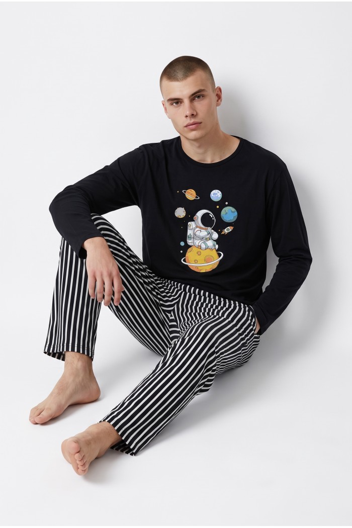 Koza Underwear ανδρική πυτζάμα βαμβακερή μακρυμάνικη με σχέδιο, κανονική γραμμή 96%cotton 4%elastane 26632-BLACK