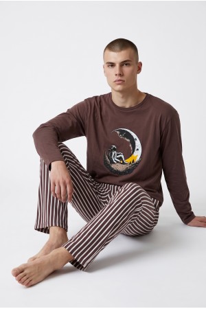 Koza Underwear ανδρική πυτζάμα βαμβακερή μακρυμάνικη με σχέδιο, κανονική γραμμή 96%cotton 4%elastane 26633-BROWN