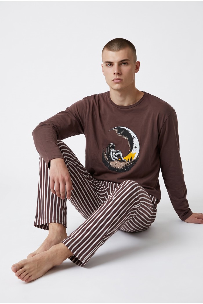 Koza Underwear ανδρική πυτζάμα βαμβακερή μακρυμάνικη με σχέδιο, κανονική γραμμή 96%cotton 4%elastane 26633-BROWN