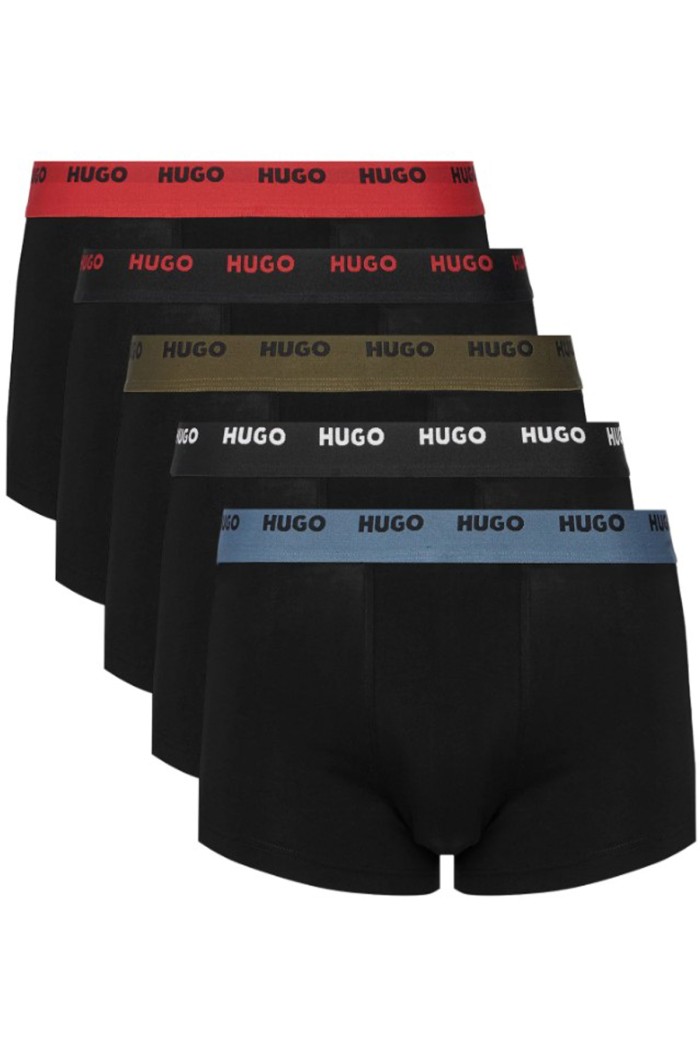 Hugo ανδρικά βαμβακερά 5pack boxers σε μαύρο χρώμα με διαφορετικό χρώμα στο λάστιχο, κανονική γραμμή 95%cotton 5%elastane 50532619-963