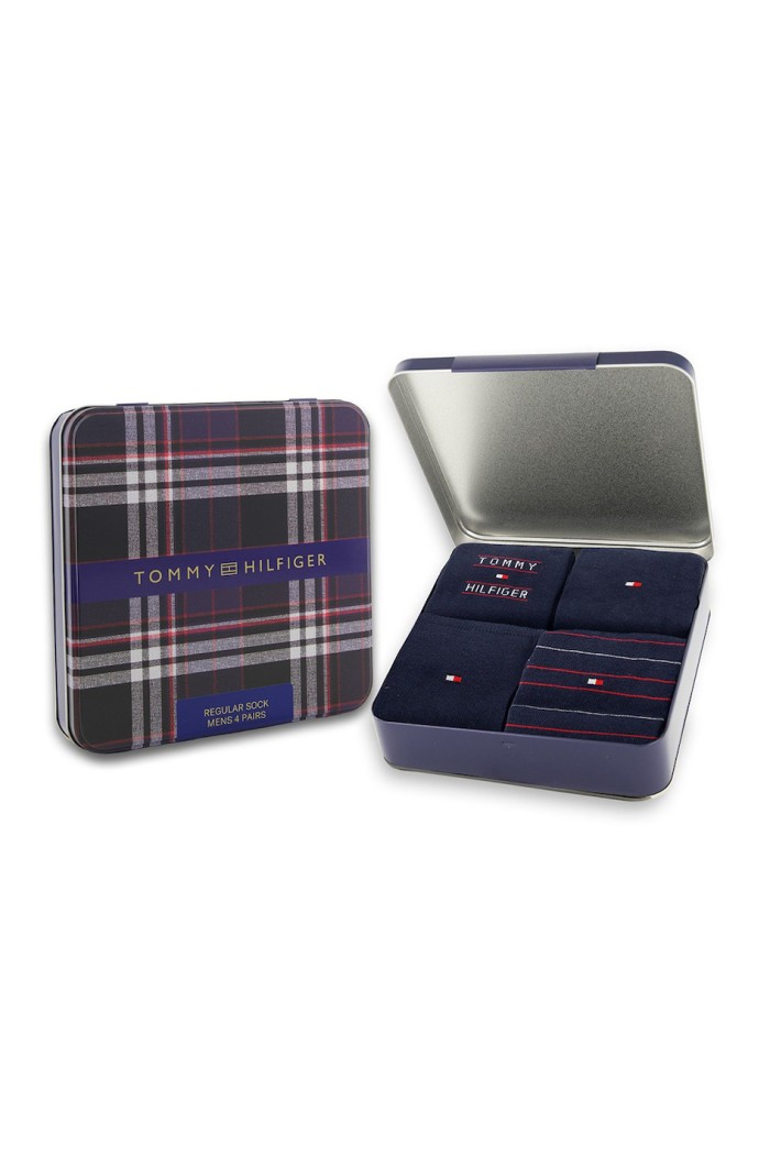 Tommy Hilfiger ανδρικές βαμβακερές κάλτσες 4pack σε σκ.μπλε χρώμα με 4 διαφορετικά σχέδια (συσκευασία δώρου) 701241158-001