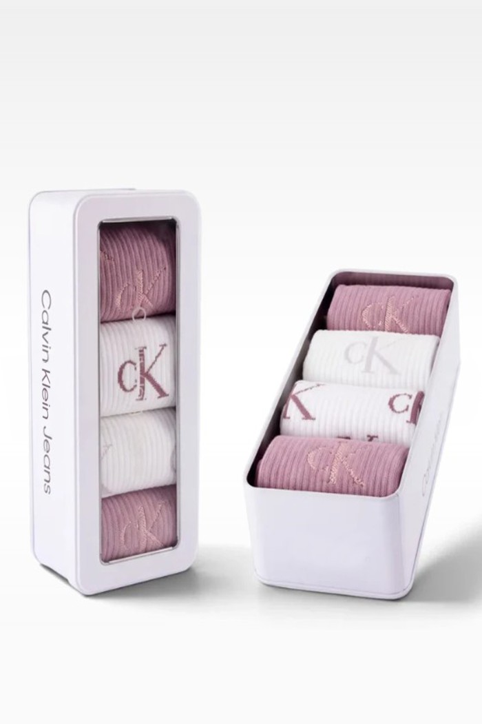 Calvin Klein γυναικείες κάλτσες (4pack) βαμβακερές ψηλές, σε ροζ και λευκό χρώμα με lurex σχέδιο στο λογότυπο (συσκευασία δώρου) 701241212-002