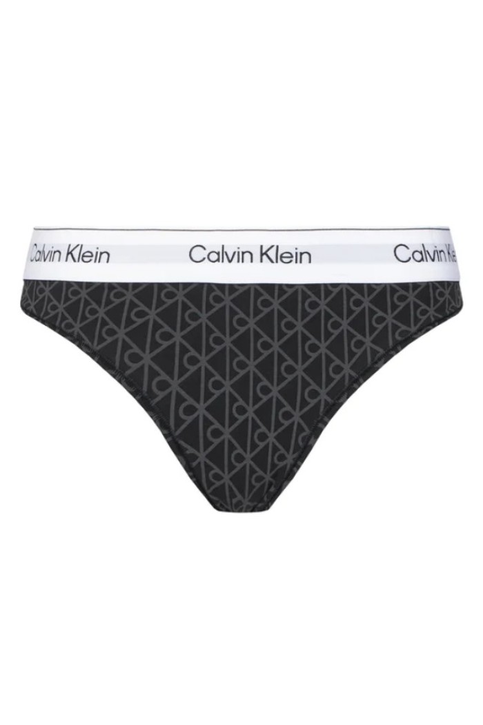 Calvin Klein γυναικείο κυλοτάκι string σε μαύρο-γκρι χρώμα με το λογότυπο της εταιρίας και λευκό λάστιχο LV00QF8518-2RG