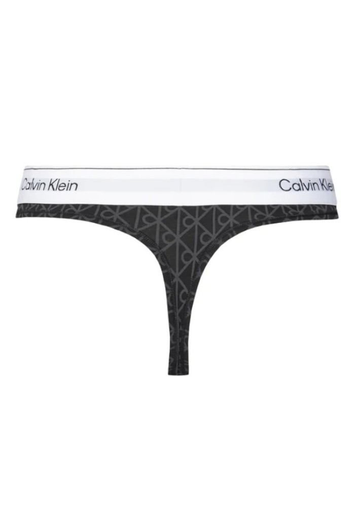 Calvin Klein γυναικείο κυλοτάκι string σε μαύρο-γκρι χρώμα με το λογότυπο της εταιρίας και λευκό λάστιχο LV00QF8518-2RG