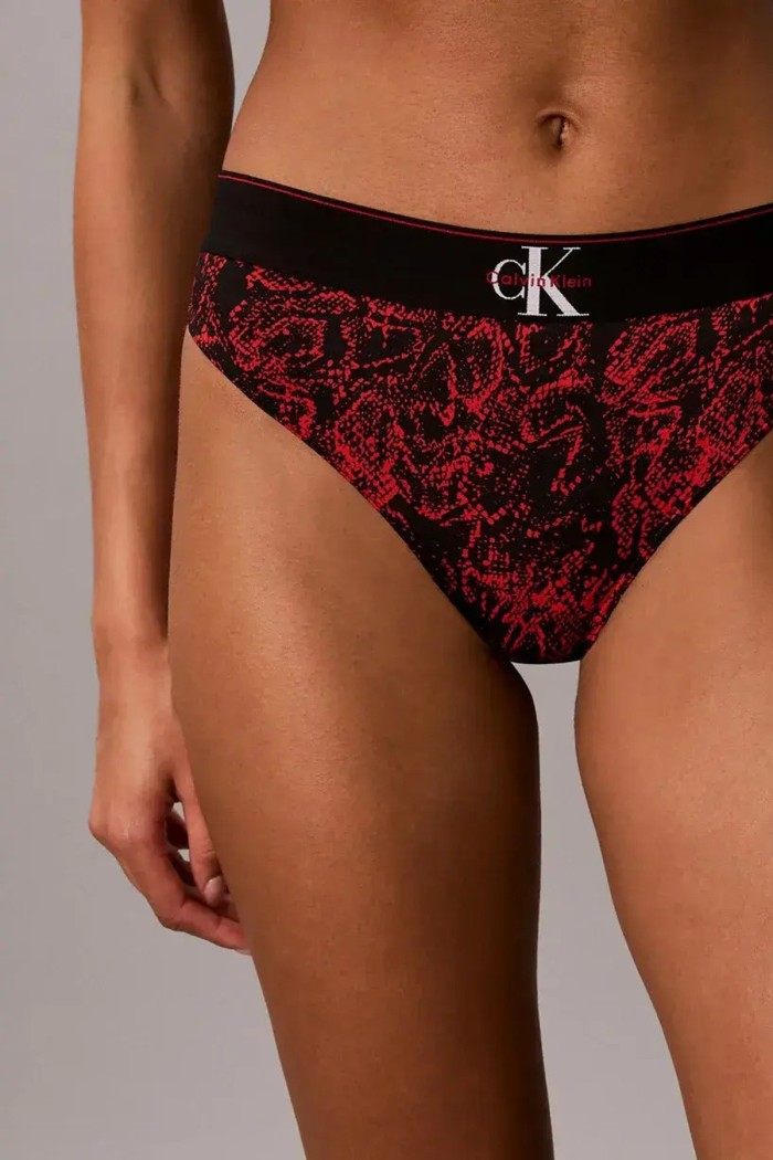 Calvin Klein γυναικείο κυλοτάκι thong σε κόκκινο με μαύρο χρώμα και animal σχέδιο 90%cotton,10%elastane LV00QF8813-4OS