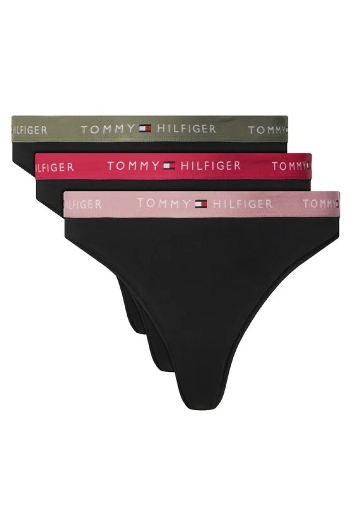 Tommy Hilfiger γυναiκείο 3pack thong βαμβακερά σε μαύρο χρώμα με τρια διαφορετικά χρώματα λάστιχο,άνετη γραμμή 95%cotton 5%elastane UW0UW05530-0K7