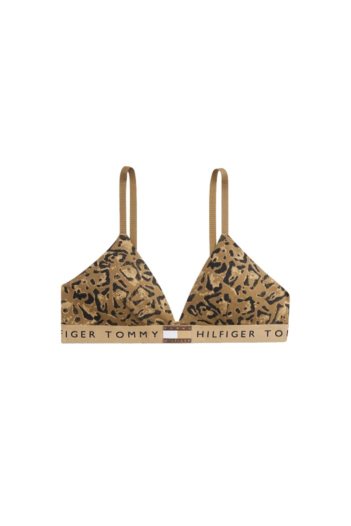 Tommy Hilfiger γυναικείο bralette με λεοπάρ σχέδιο και καφέ φαρδύ λάστιχο.Ρυθμιζόμενες τιράντες και αφαιρούμενη επένδυση! UW0UW06580-0GB