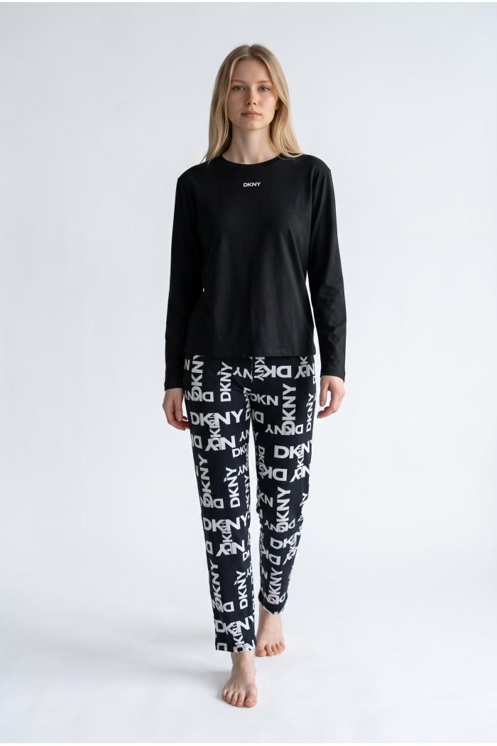 DKNY γυναικεία βαμβακερή πυτζάμα (homewear) σε μαύρο και λευκό χρώμα, άνετη γραμμή, 57%cotton,38%viscose,5%elastane YI80129-002