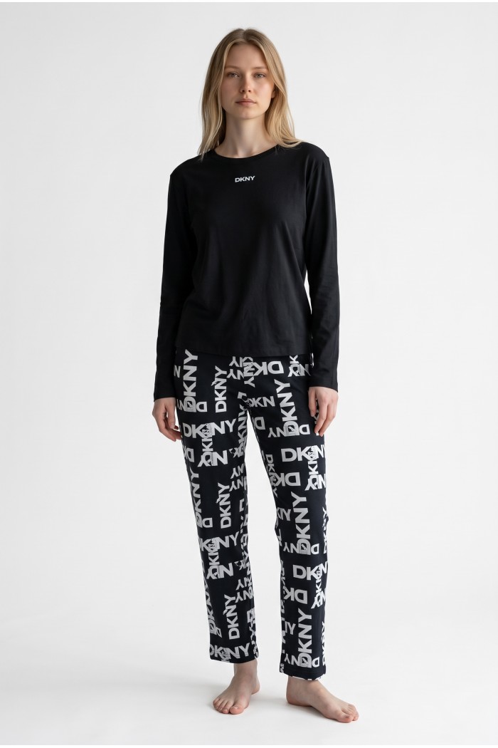 DKNY γυναικεία βαμβακερή πυτζάμα (homewear) σε μαύρο και λευκό χρώμα, άνετη γραμμή, 57%cotton,38%viscose,5%elastane YI80129-002