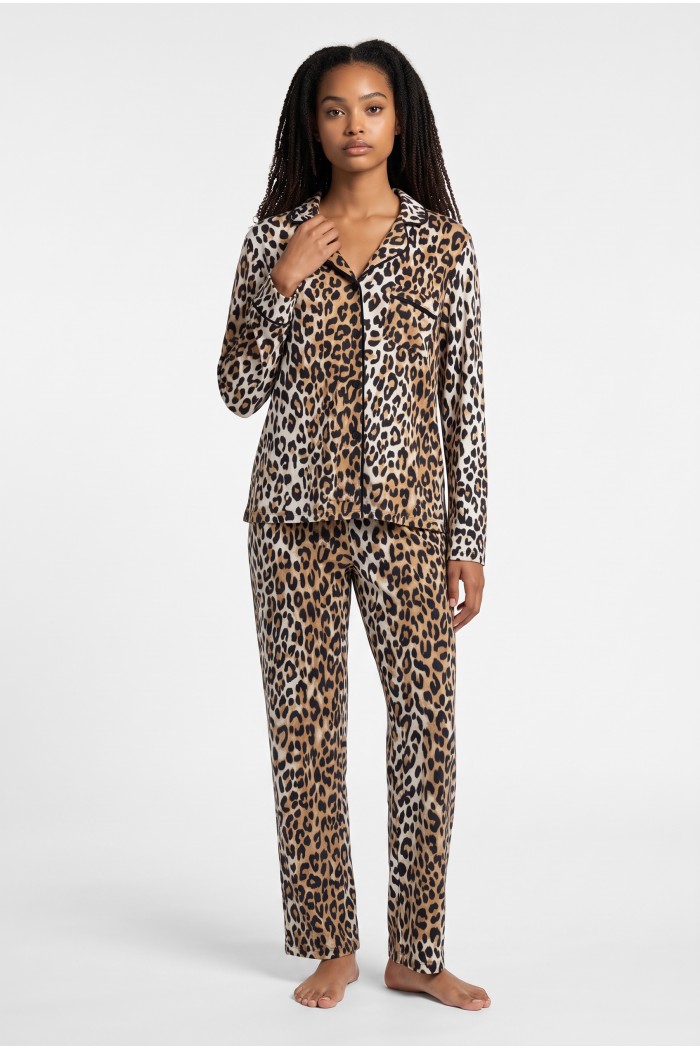 DKNY γυναικείο σετ πυτζάμα leopard με κουμπιά στο επάνω μέρος, άνετη γραμμή, 98%polyester,2%elastane YI80135-209