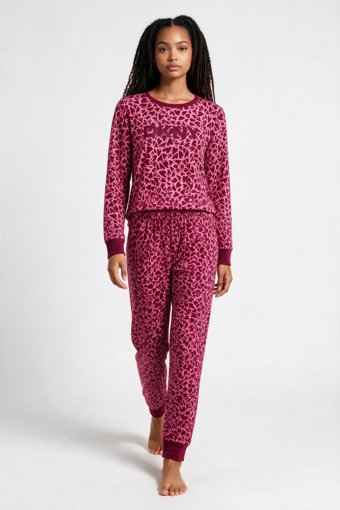 DKNY γυναικεία βαμβακερή πυτζάμα (homewear) σε μπορντώ και ροζ χρώμα, άνετη γραμμή, 58%cotton,37%viscose,5%elastane YI80140F-677