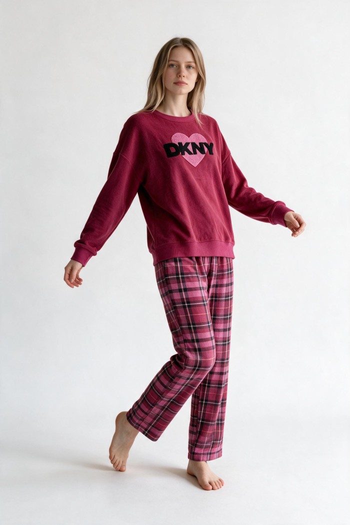 DKNY γυναικεία φλις πυτζάμα (homewear) σε μποντω χρώμα με καρο παντελόνι, άνετη γραμμή, 94%polyester, 6%elastane YI80142F-644