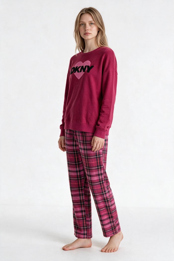 DKNY γυναικεία φλις πυτζάμα (homewear) σε μποντω χρώμα με καρο παντελόνι, άνετη γραμμή, 94%polyester, 6%elastane YI80142F-644
