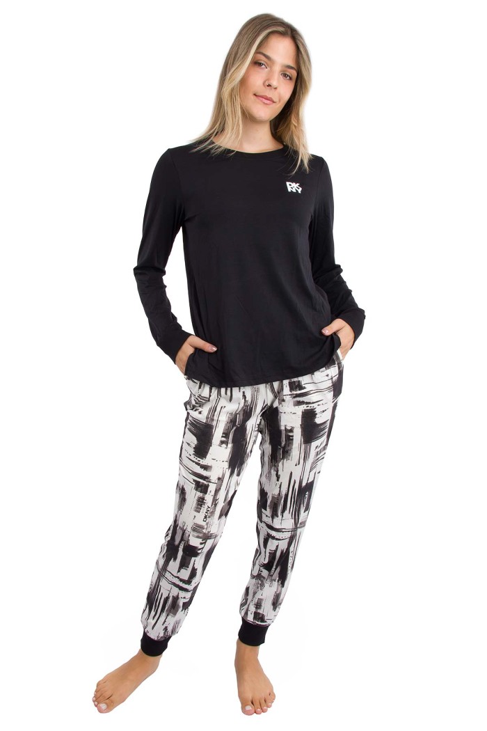 DKNY γυναικεία βαμβακερή πυτζάμα (homewear) σε μαύρο και λευκό χρώμα, άνετη γραμμή, 57%cotton,38%viscose,5%elastane YI90062-002