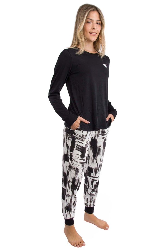 DKNY γυναικεία βαμβακερή πυτζάμα (homewear) σε μαύρο και λευκό χρώμα, άνετη γραμμή, 57%cotton,38%viscose,5%elastane YI90062-002