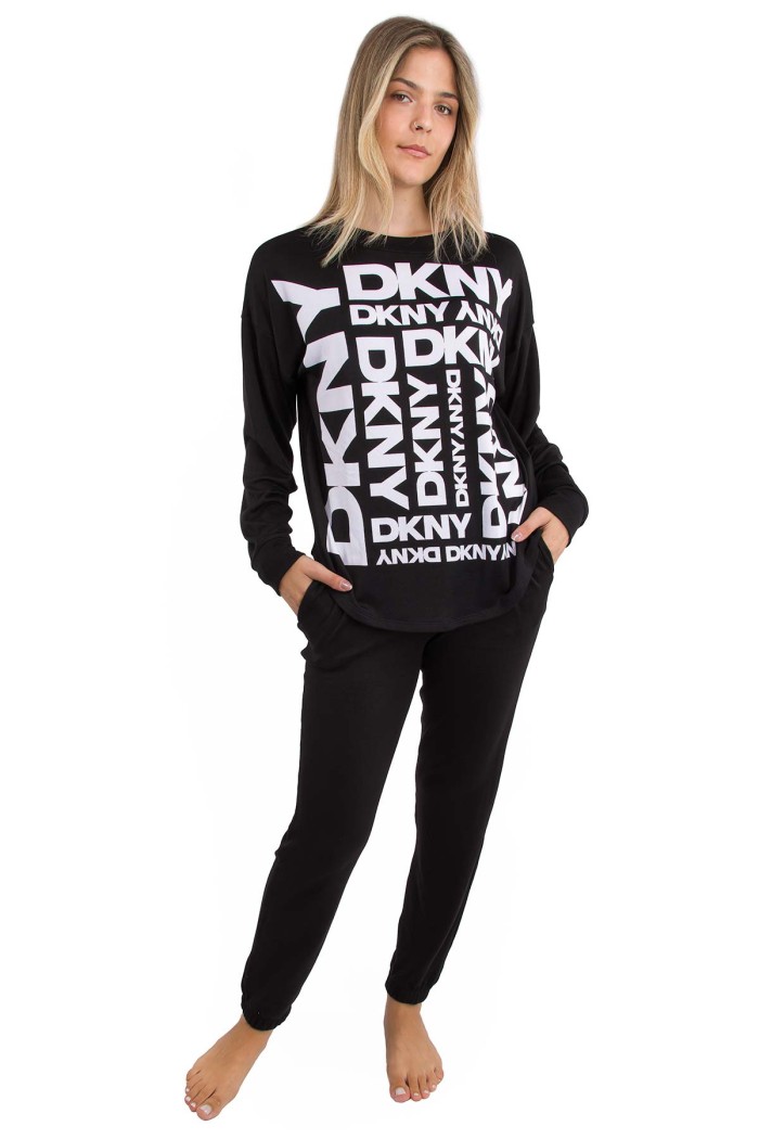 DKNY γυναικεία φλις πυτζάμα (homewear) σε μαύρο χρώμα με λευκά γράμματα, άνετη γραμμή,95%polyester, 5%elastane YI90063-056